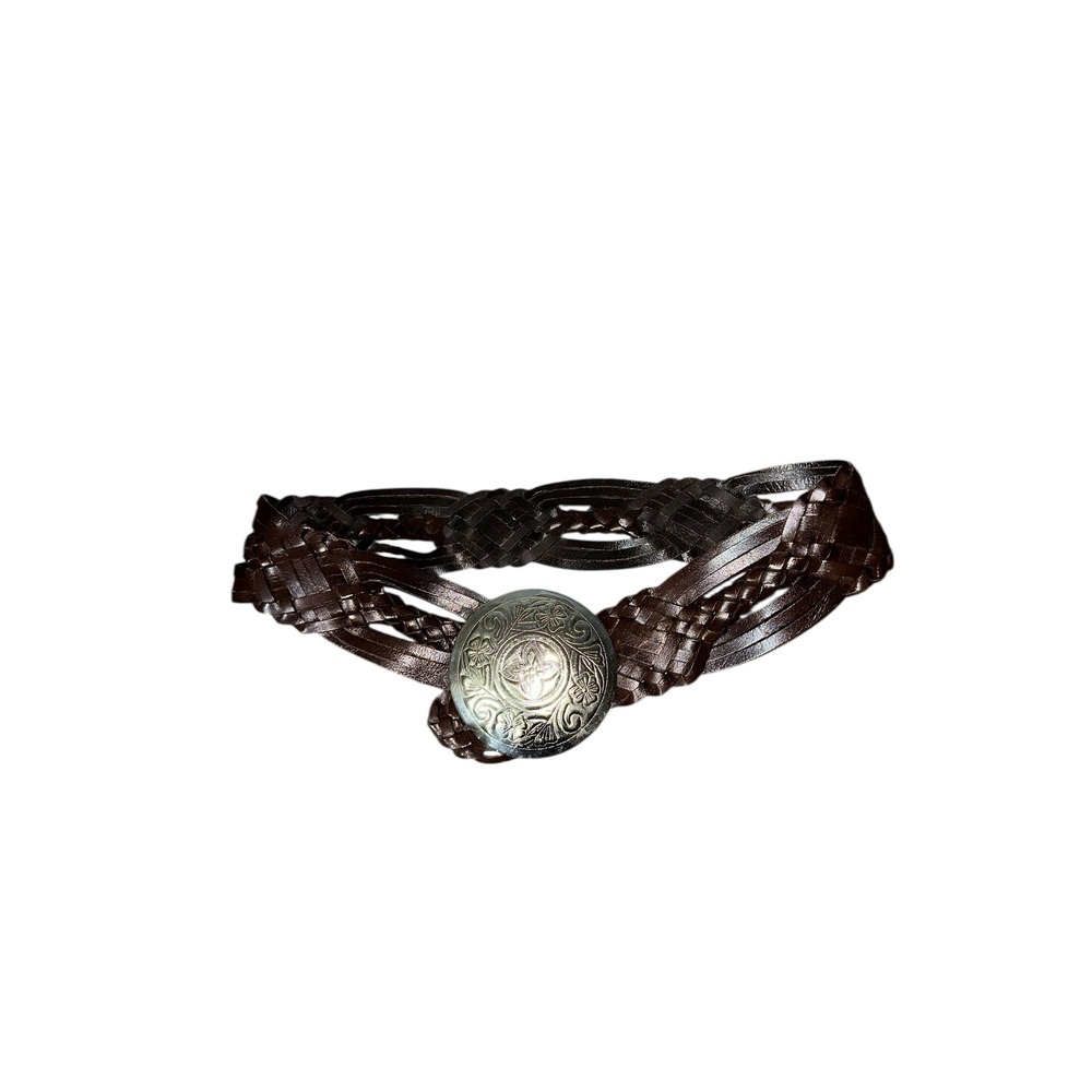 Metal silver tone hammered belt Buckle Leather belt‎ braided